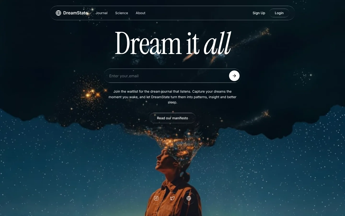 DreamState homepage: 'Dream it all' over a starry sky with a figure whose head dissolves into stars