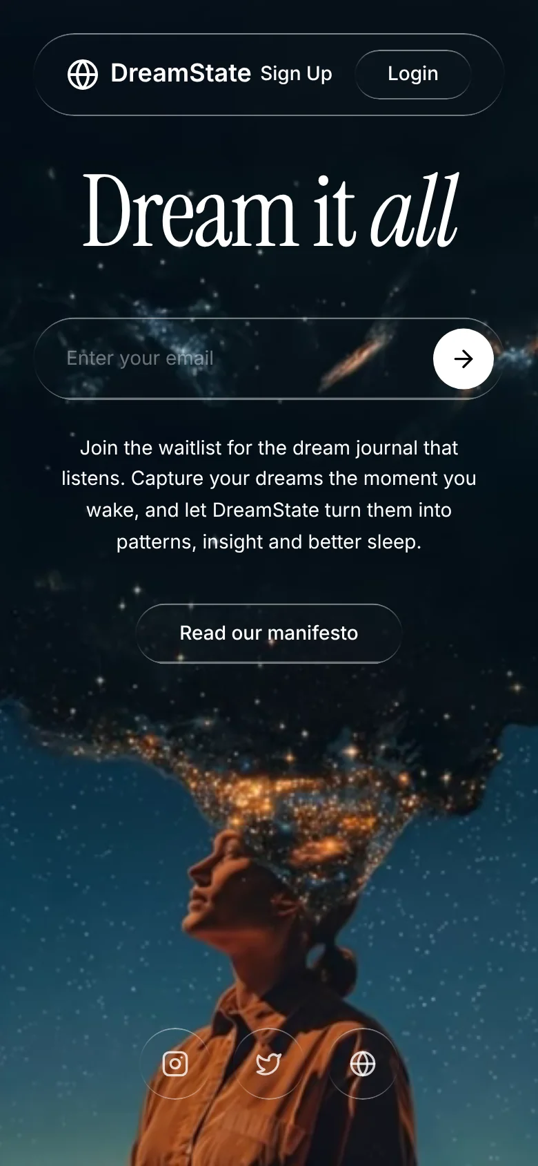 DreamState homepage on mobile