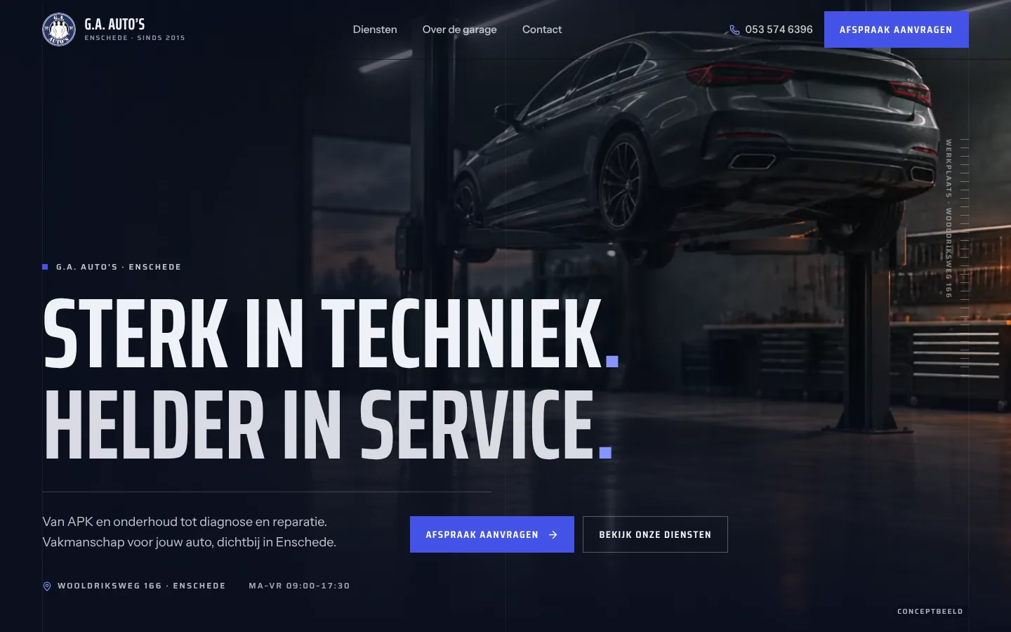 G.A. Auto's concept: 'Sterk in techniek. Helder in service.' over a dark workshop with a car on a lift
