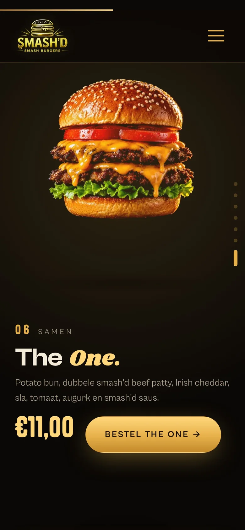 Smash'd concept on mobile: The One burger with price and order button