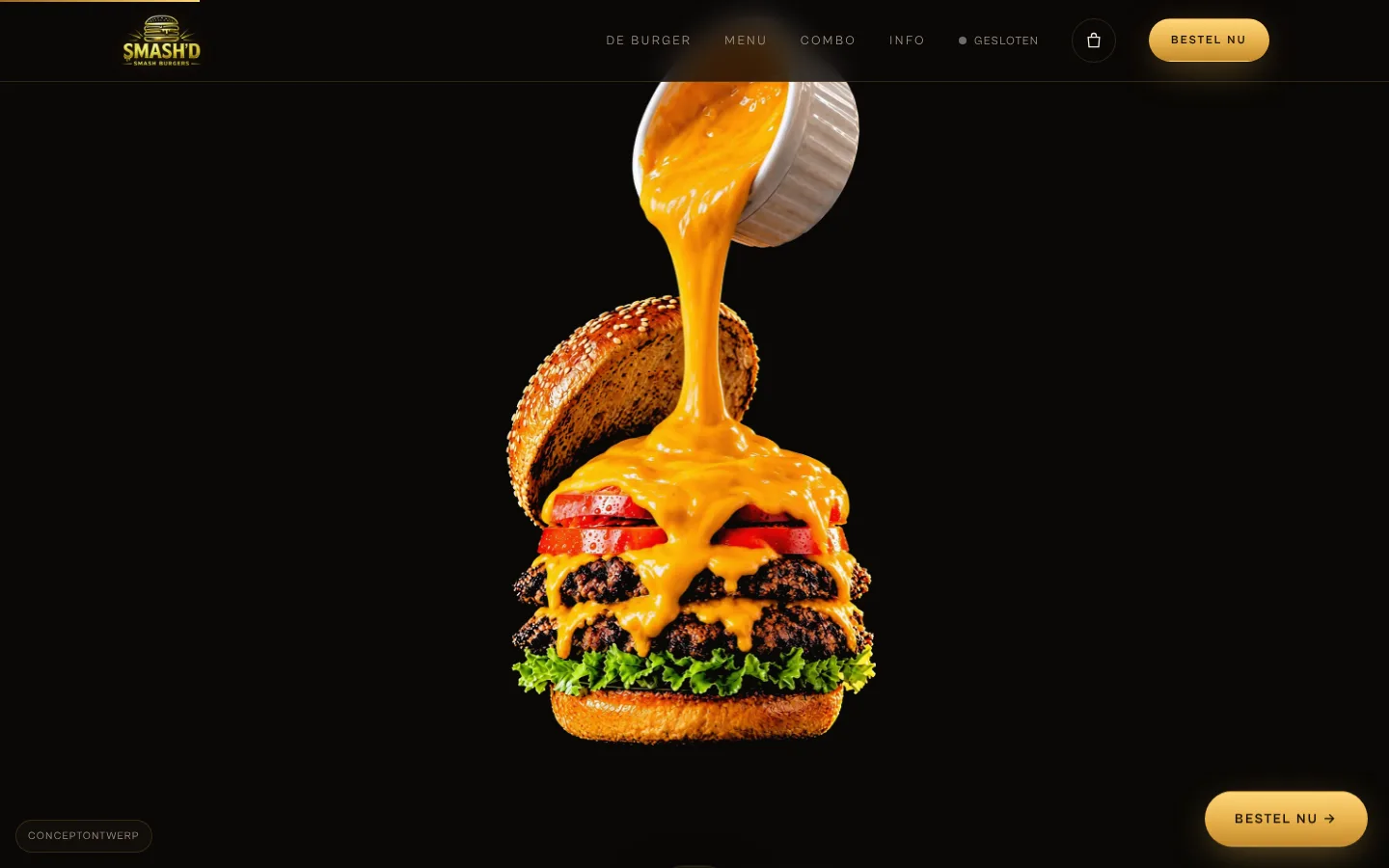 Smash'd concept: a ramekin pours melted cheese over an open double smash burger