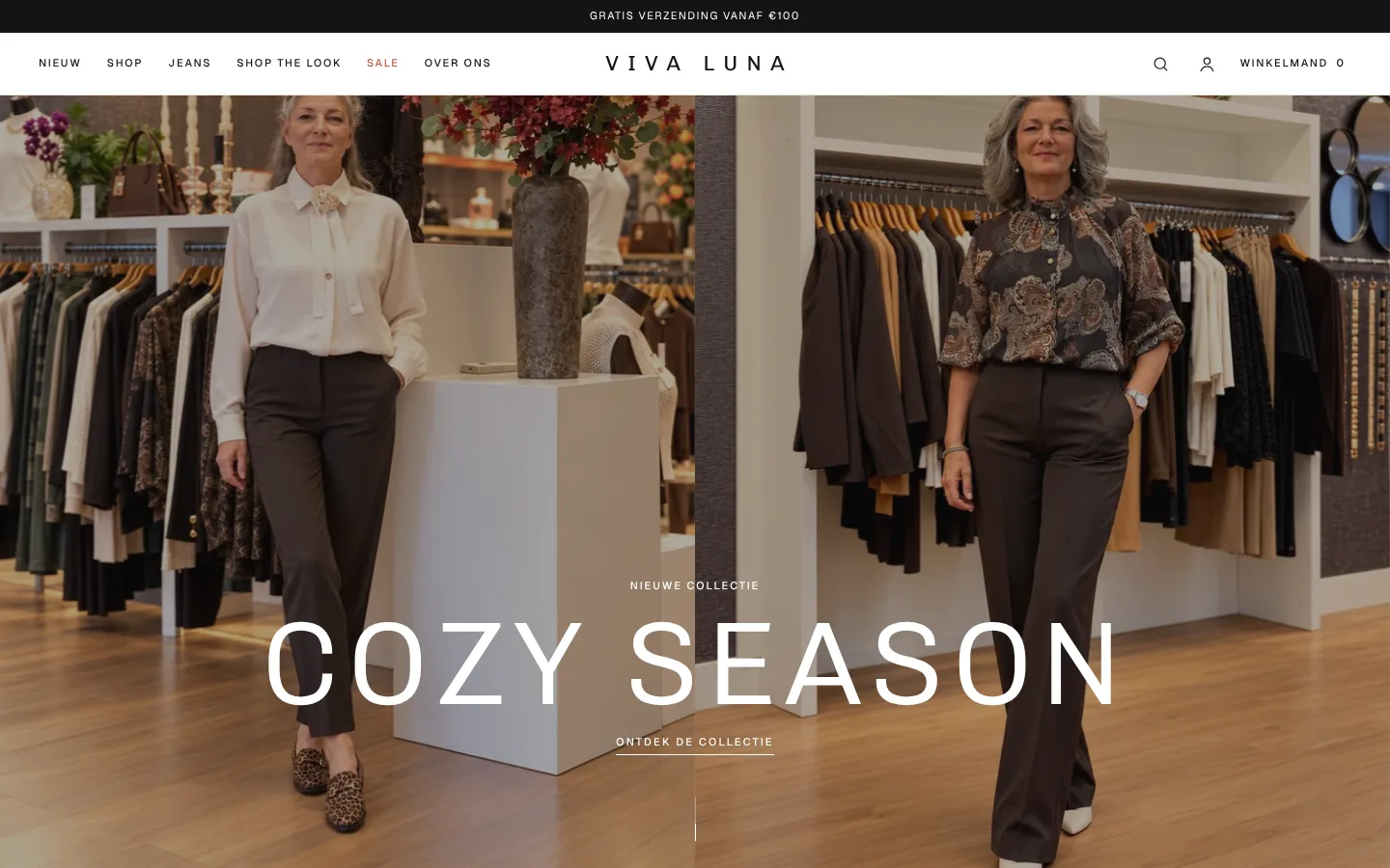 Viva Luna webshop homepage with the Cozy Season campaign